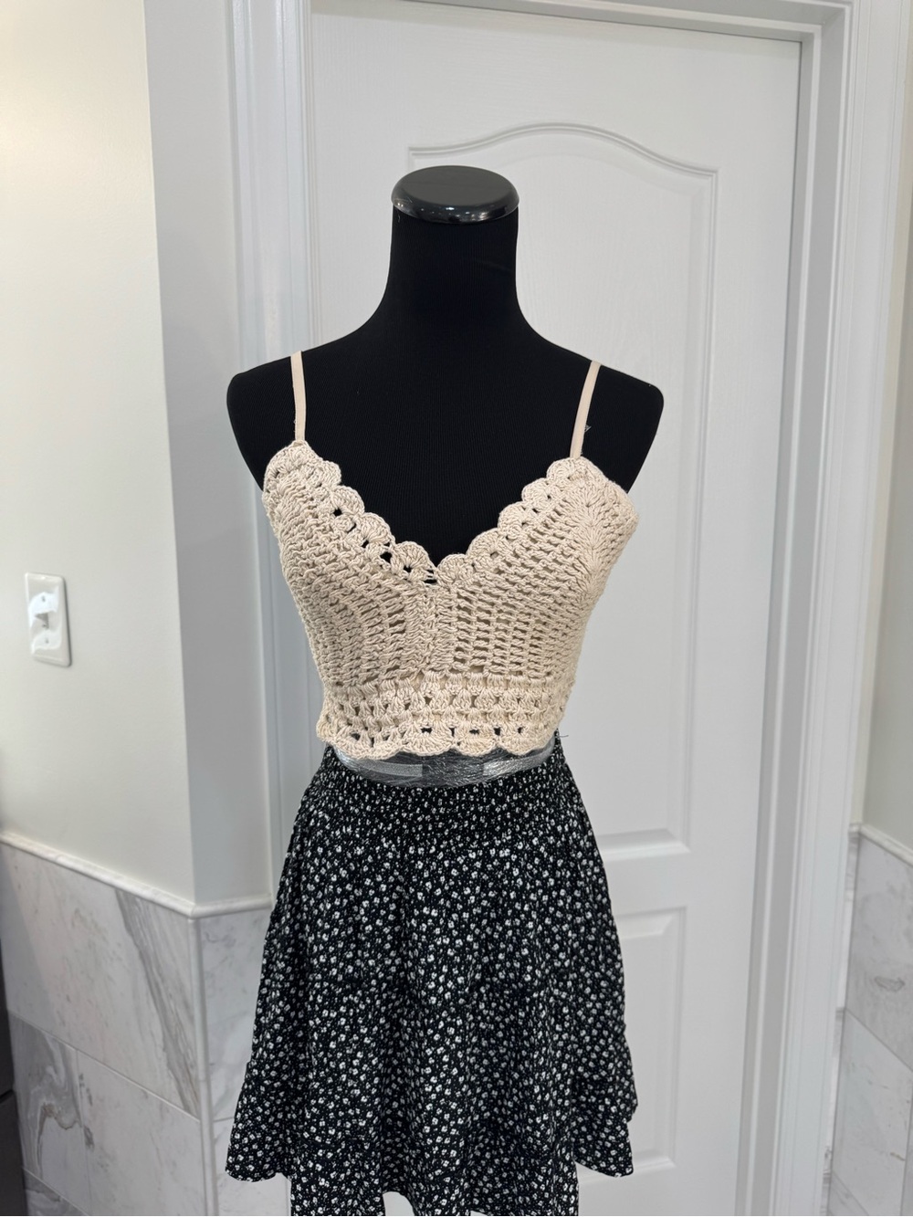 Handcrafted Cream Crochet Crop Top with Spaghetti Straps
